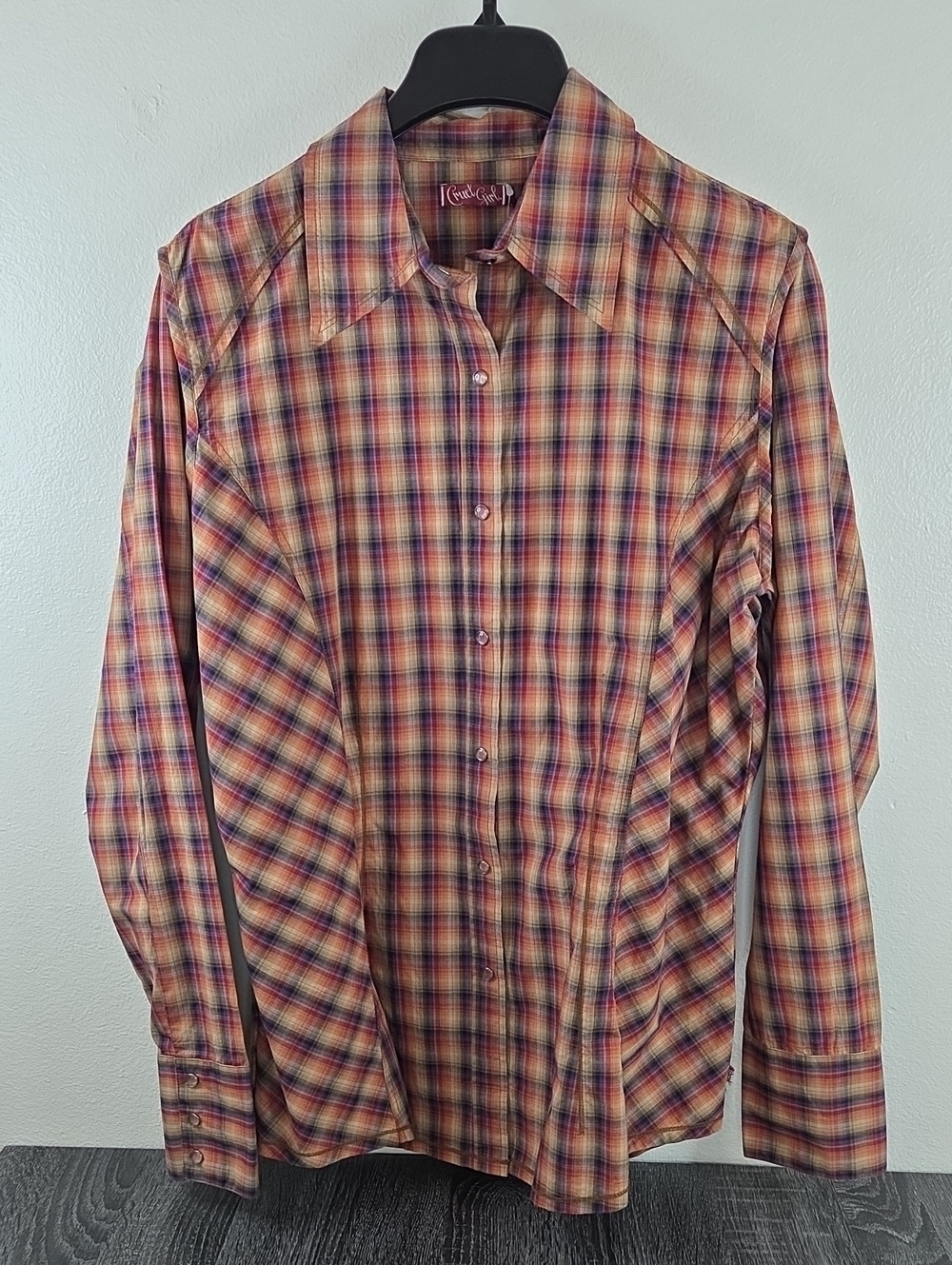 CRUEL GIRL XLOrange PURPLE Plaid WESTERN PEARL SNAP Button-Down Shirt ARENA FIT